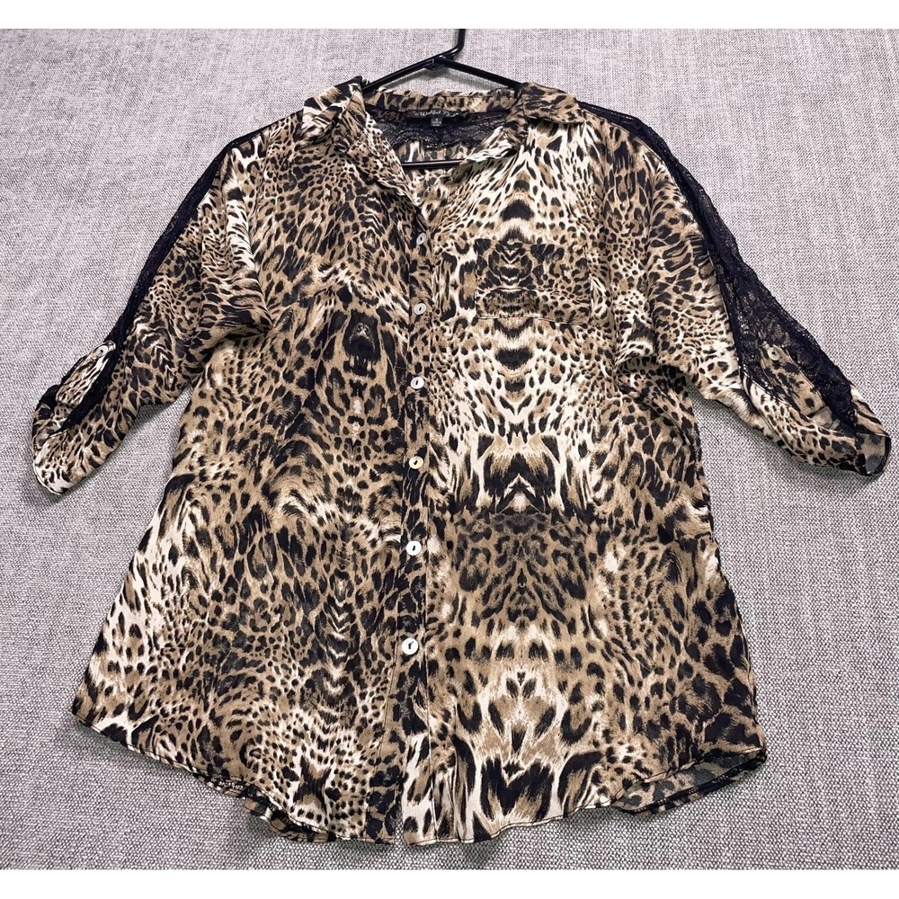 Wishful Park Blouse Top Womens S Brown Leopard Print Lace Trim Roll Tab Sleeve